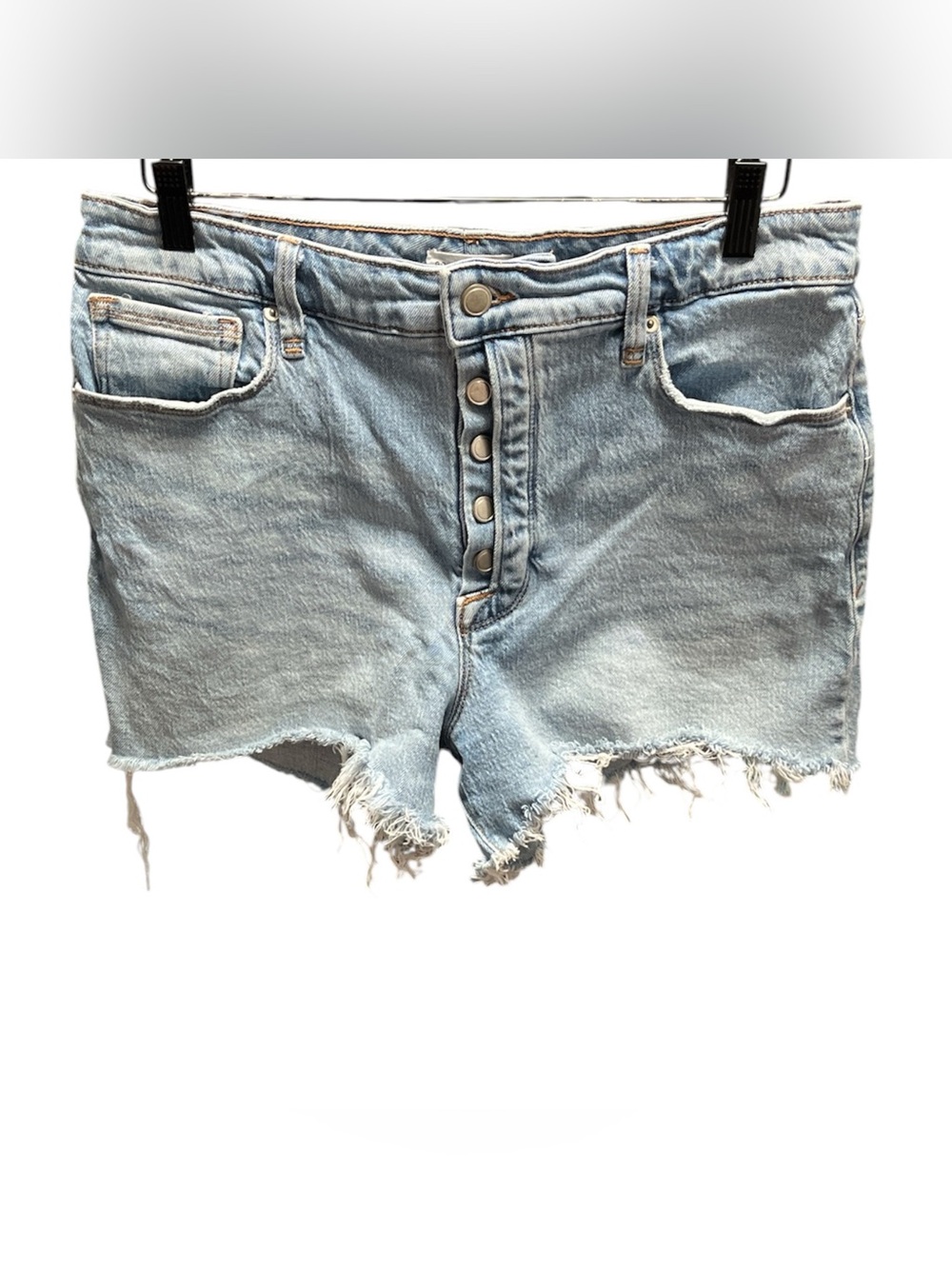 Good American Light Wash Exposed  Button-Front Denim Shorts